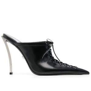 VERSACE 110mm lace-up leather pointed toe mule heels